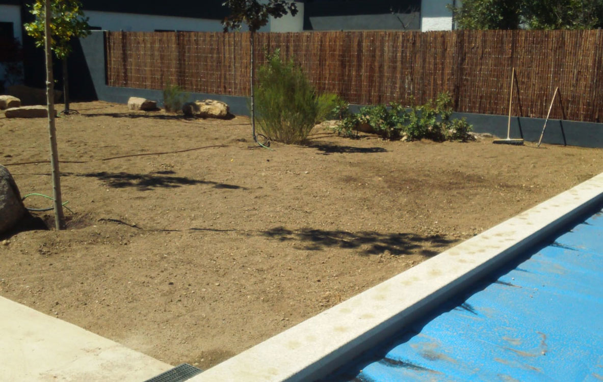 Instalación de riego y pradera en jardín con piscina